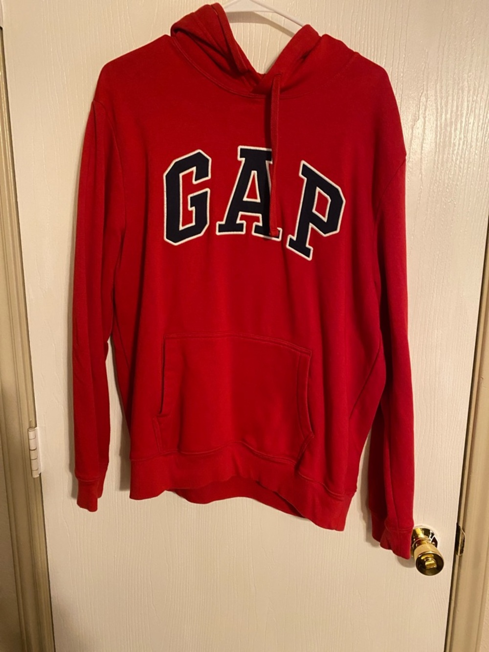 GAP Men's Red Crewneck Hoodie with Navy Logo